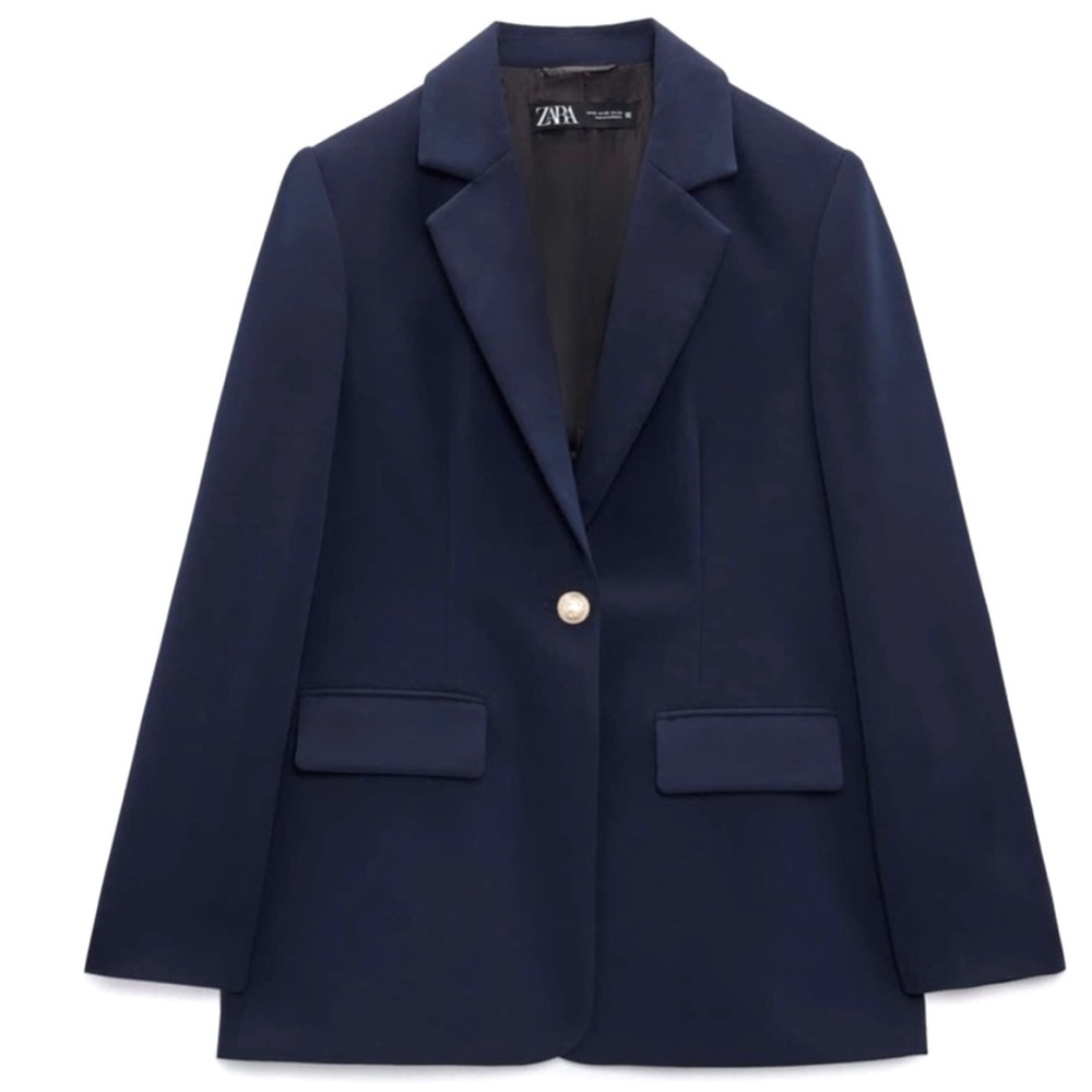 Zara Kate Navy Blazer structured textured waffle gold button blazer sz L